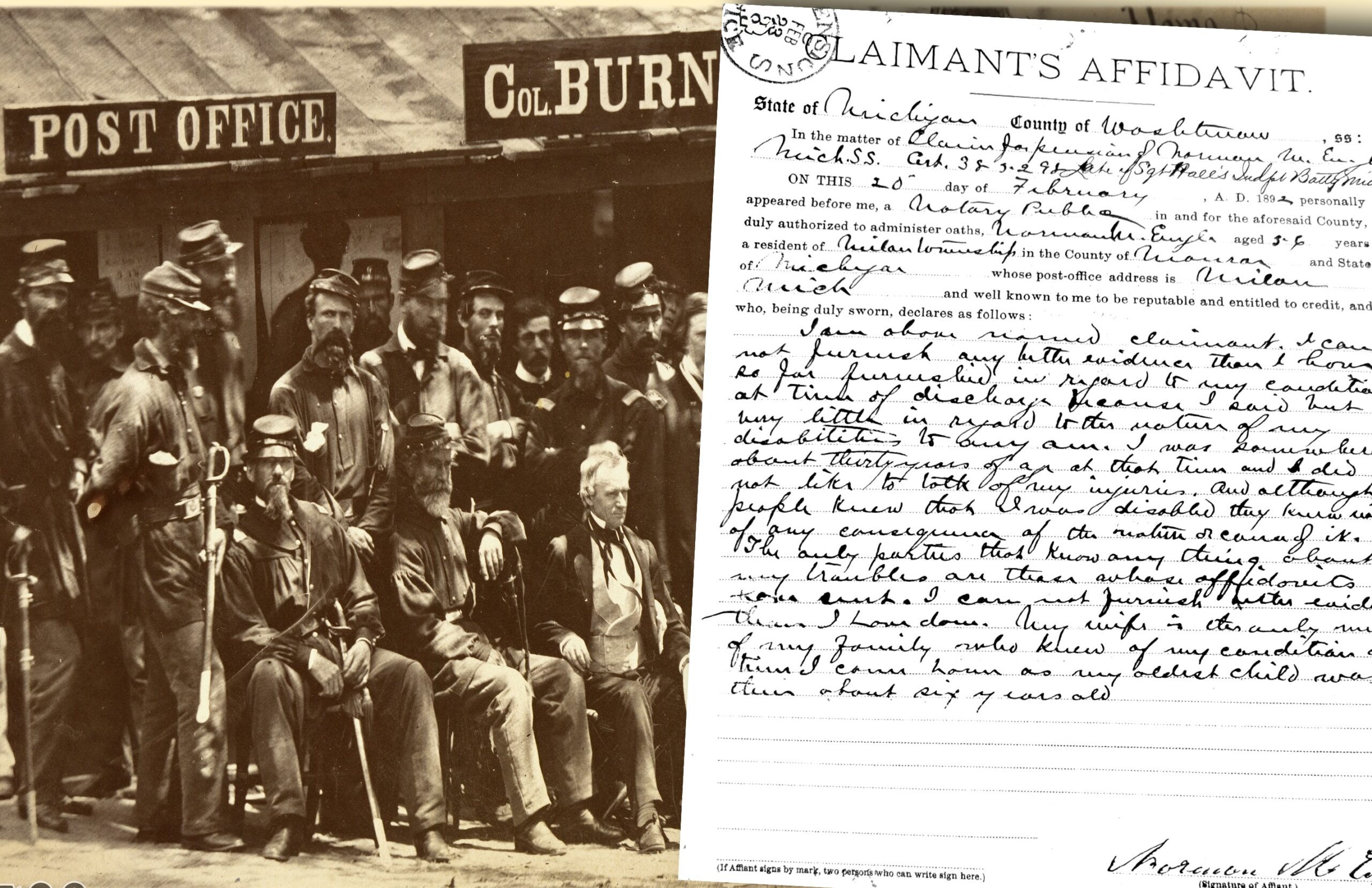 civil war soldiers posing; copy of pension papers